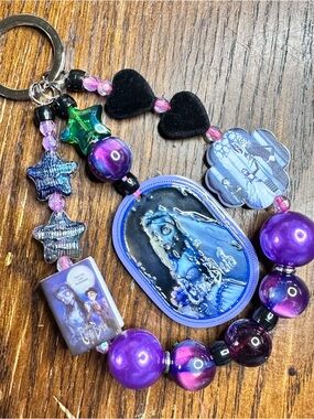 Gothic Purple Beaded Charm Keychain with Blue Portrait Accent